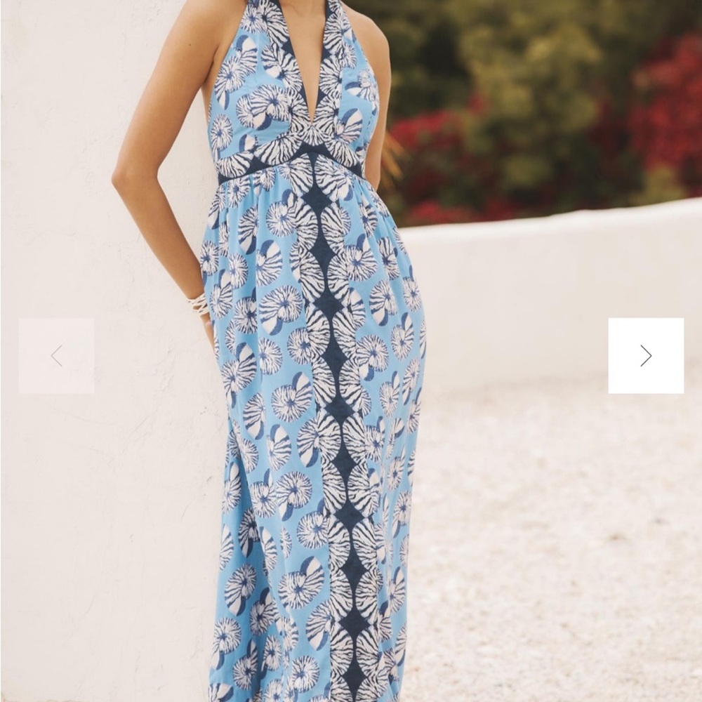Anthropologie Floral Halter Maxi Dress in Blue and White 100% Rayon